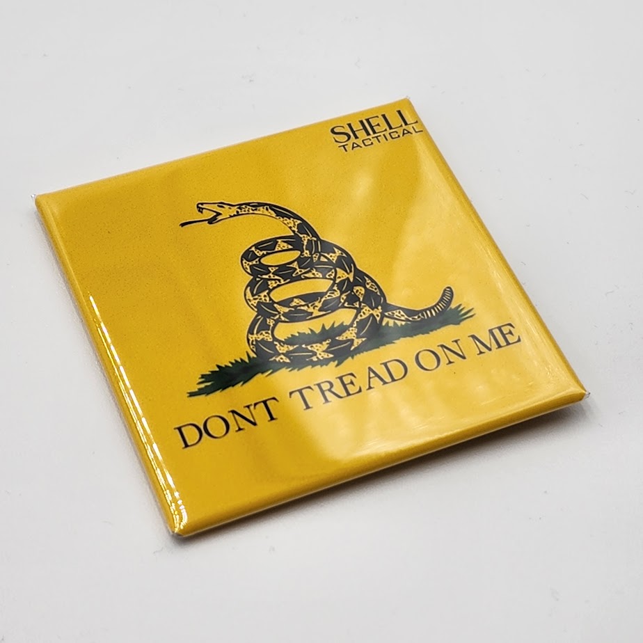 Yellow pouch with a black snake design and 'Don't Tread on Me' text on a white background